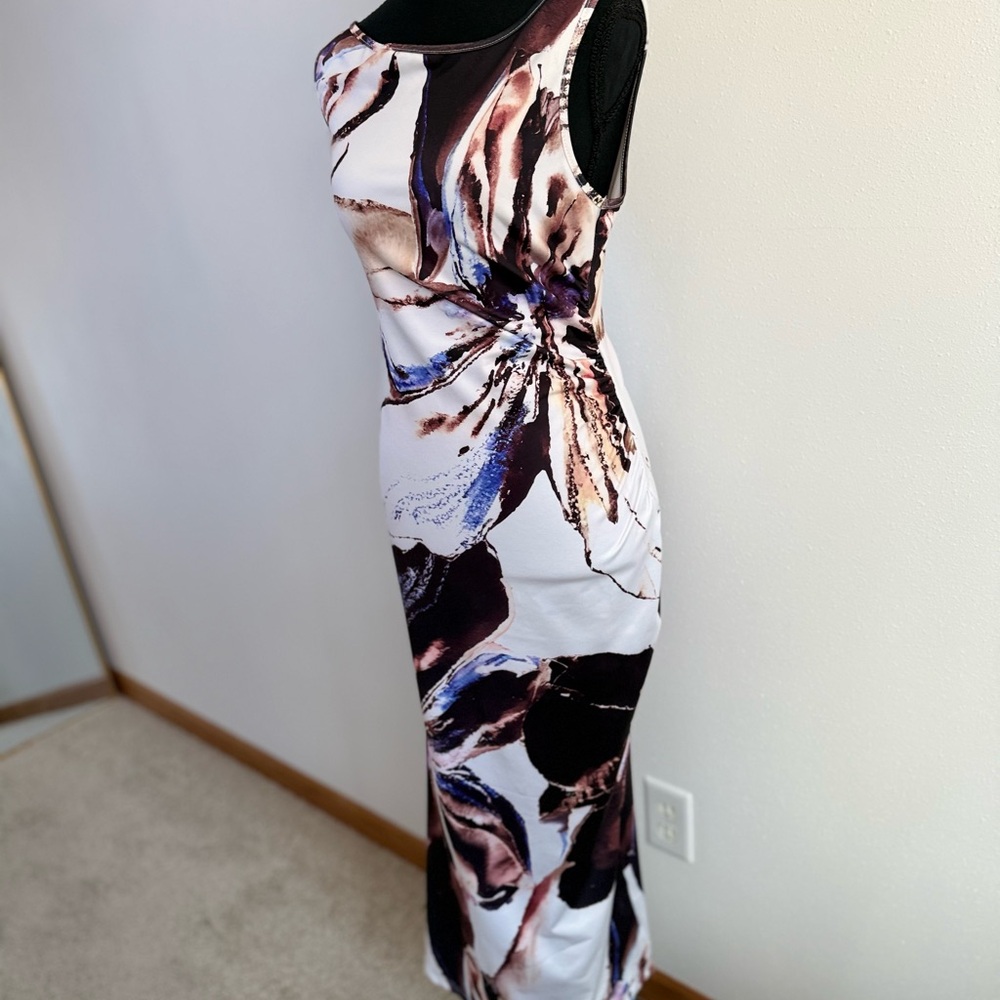 Floral Bodycon Midi Dress Ruched Waist Cocktail Wedding Guest S - Picture 3 of 10